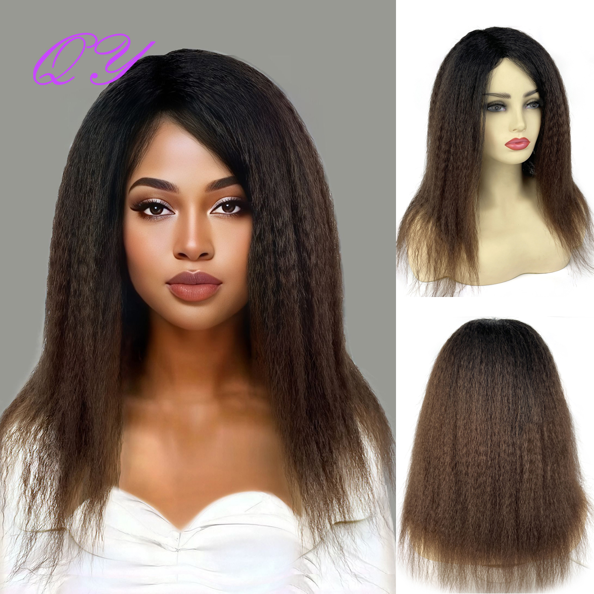 Syntetyczna peruka Yaki Straight Brown ( # 4) Peruki dla afrykańskich kobiet codziennego użytku Naturalne puszyste długie włosy