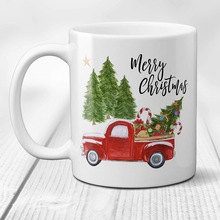 Vrolijk Kerstfeest Koffie Mok met Vintage Rode Vrachtwagen en Kerstboom Koffie Cup