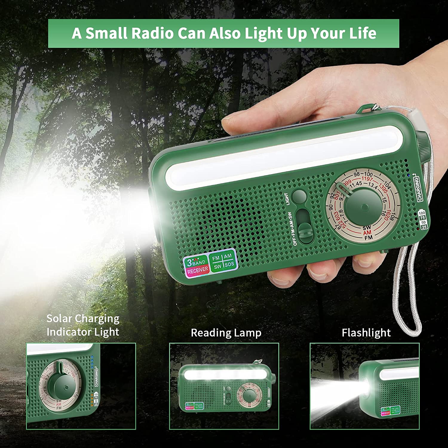 Radio de mano recargable con energía Solar, lámpara de lectura con linterna, Batería Externa de 2000mAh, alarma de SOS, AM/FM/SW