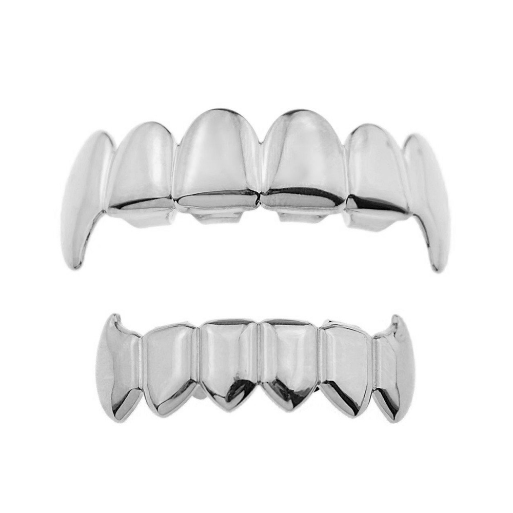 RACHELZ Hip Hop colmillos negros Diente Grillz 14K chapado en oro 6/6 tapas de dientes decoración parrillas dentales para hombres mujeres joyería de Halloween: Bañado en rodio de imitación