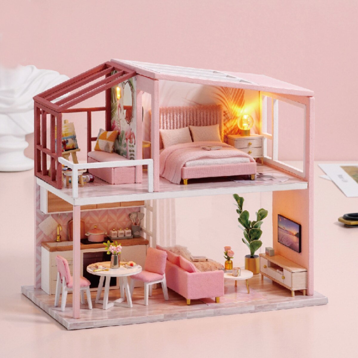 3D Miniatur DIY Handgemachte nordisch Puppenhaus LED Licht Montage Machen Niedlichen Modell Möbel Bausatz DIY Erwachsene freundlicher
