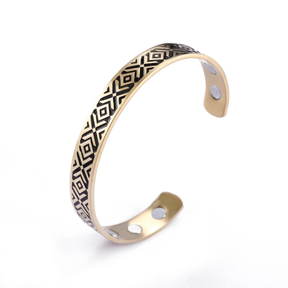 Skyrim-brazaletes nórdicos de runas para hombre y mujer, brazaletes vikingos de acero inoxidable, simples, ajustables, dorados, negros, magnéticos para la salud: Gold and Black