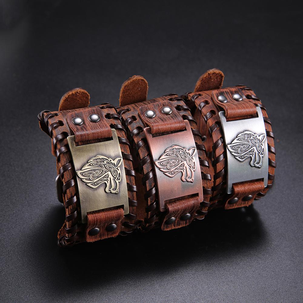 LIKGREAT Vintage Charm Wide Leather Bracelet Men Punk Braided Rope Alloy Cuff Bangle Male Wristband Viking Bracelet Mens Jewelry