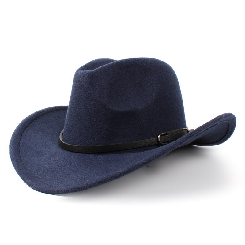 Vintage uld kvinders mænds vestlige cowboy hat til gentleman lady vinter jazz cowgirl wide brim church sombrero caps størrelse 56-57cm: Mørkeblå