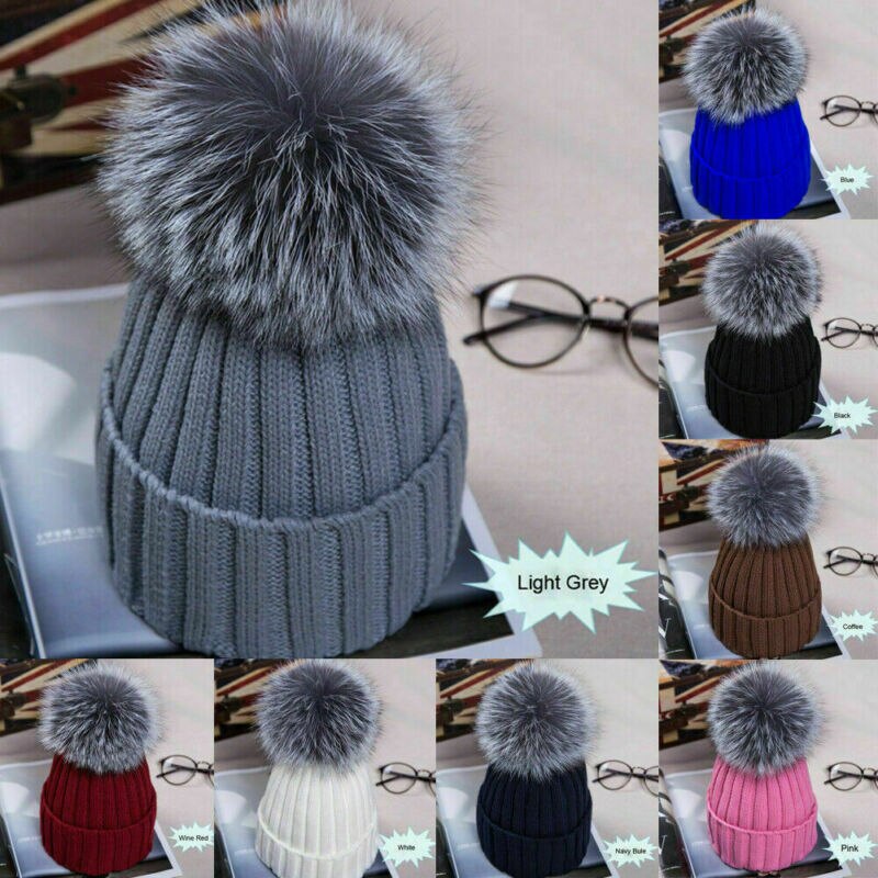 Kvinner pels pom pom ball strikk vinter varm hekle posete boble lue lue beret ski lokk varm