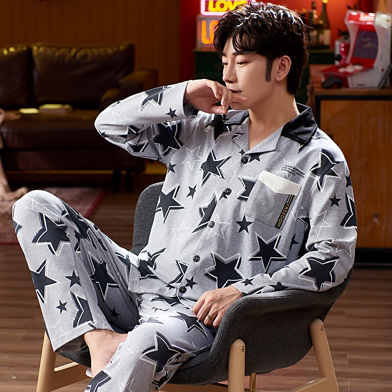 Pyjama pour homme, ensemble Simple, manches longues, en coton, haut et pantalon, vêtements de loisirs pour la maison, printemps