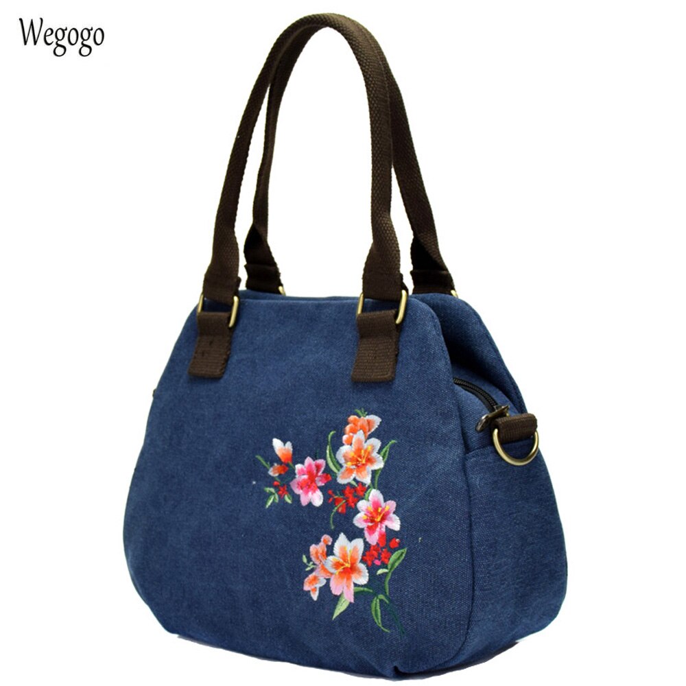 Vintage Vrouwen Handtassen Nationale Bloemen Geborduurde Reistassen Marineblauw Canvas Casual Reizen Schoudertas Vrouw