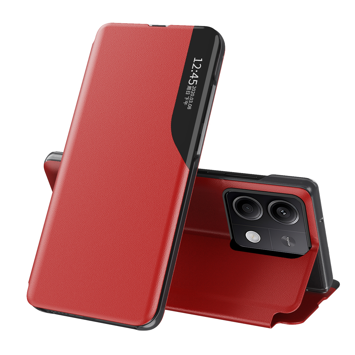 Funda de teléfono con tapa magnética con ventana para Xiaomi Redmi Note 14 13 Pro Plus 5G 4G, soporte de cuero para libro, Funda anticaída: ABS / Rojo