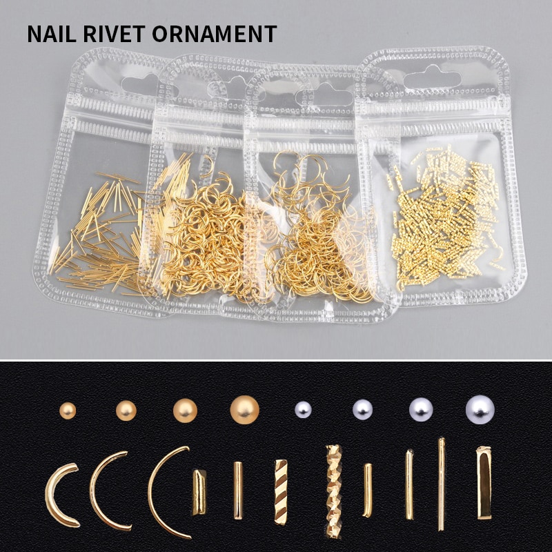 1 Bag 3D Nail Metalen Klinknagels Zilver Nagels Platte Bodem Kralen Mini Size Multi Patronen Nail Art Decoraties Tool