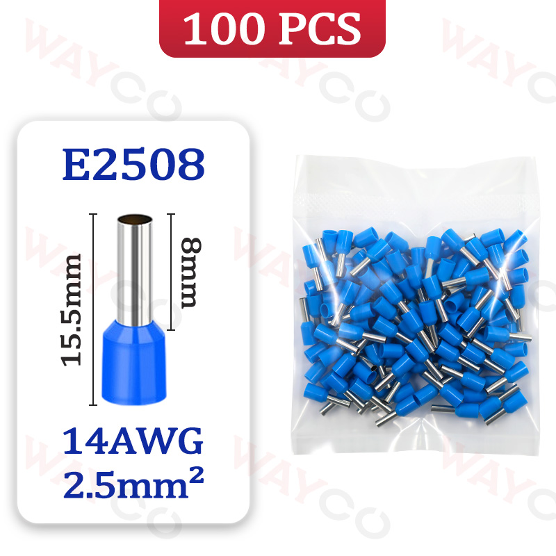 100 Stks/pak E0508 E7508 E1008 E1508 E2508 Buisvormige Crimp Terminals Adereindhulzen Koudgeperste Geïsoleerde Elektrische Draad Connectoren: E2508 - 100PCS