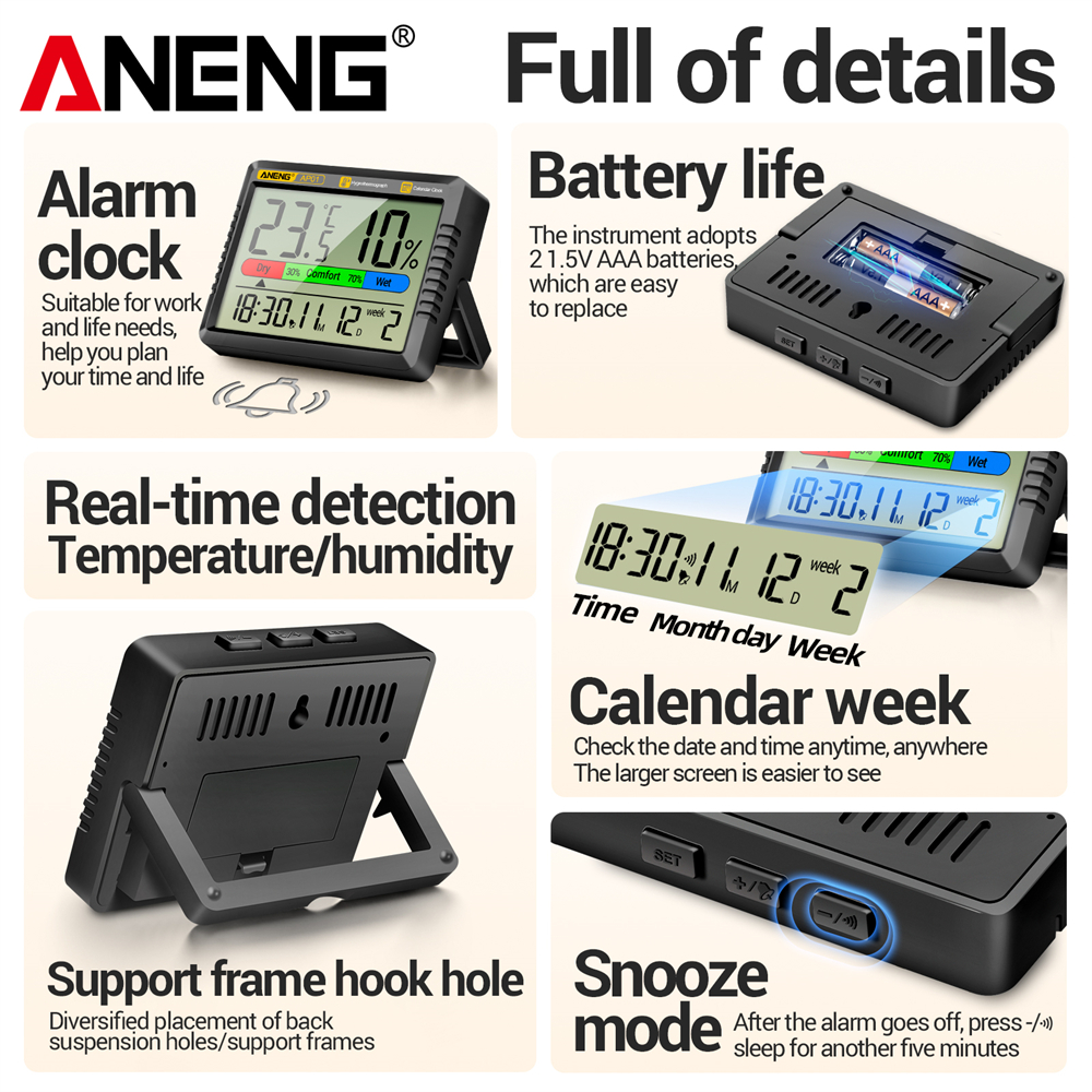 ANENG AP01 LCD Digital Thermometer Hygrometer Indoor Room Temperature Humidity Meter Alarm Clock Weather Station For Home