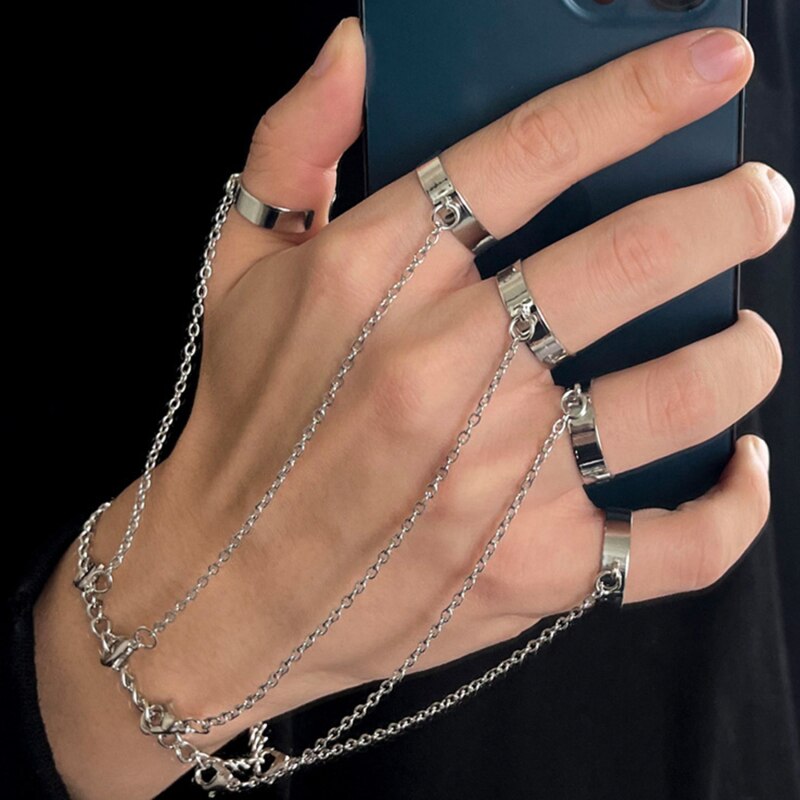 Punk-Armbinde mit fingerkettchen, ringen und armbändern für männer, Grunge- und emo-stil, verstellbare partnerarmbänder und manschetten für frauen