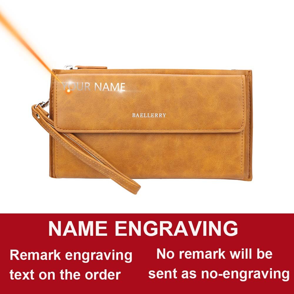 Men Wallets Long Name Engraving Card Holder Male Purse Zipper Large Capacity PU Leather Wallet For Men: Brown Name