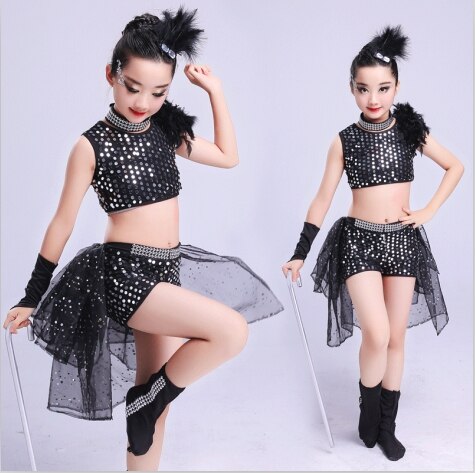 Barn jazz dans kostym navel exponerad barn modern scen shower kläder paljetter flickor pojke hip hop dans kostymer outfit