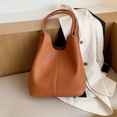 Large Capacity PU Leather Shoulder Bags for Women Simple female Handbags Travel Brand Trending ladies Hand Bag big totes: Brown