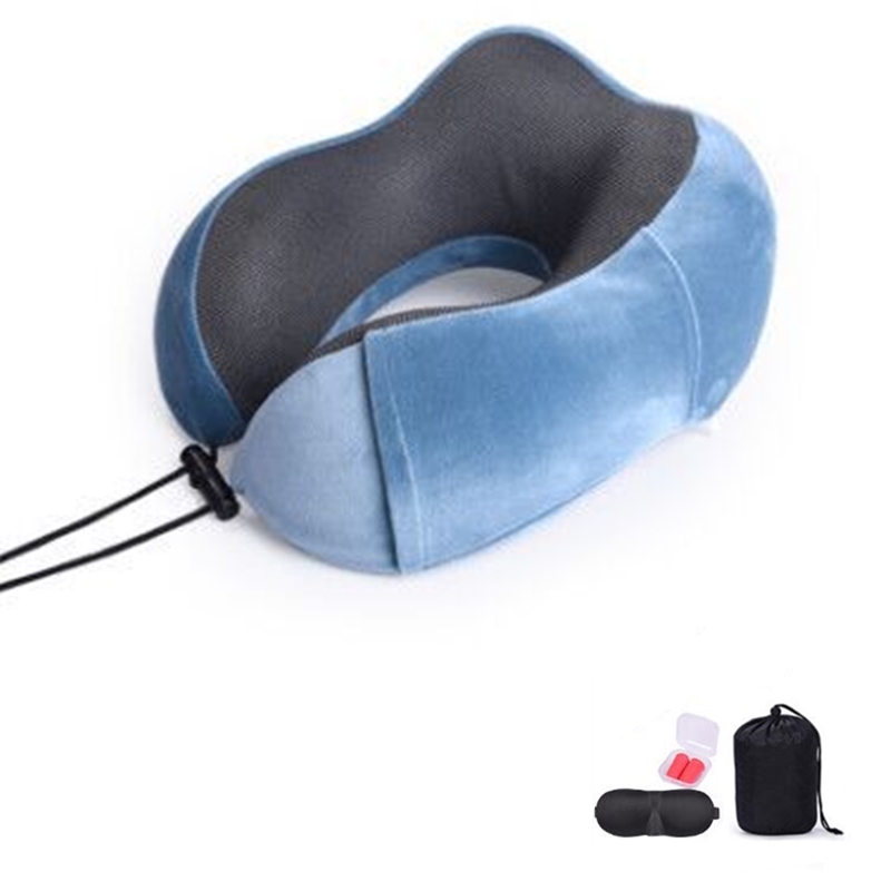 U-Shape Travel Pillow Soft Slow Rebound Neck Pillow Solid Neck Cervical Healthcare Pillow Bedding Travel Pillow Neck Massage: peacock blue set