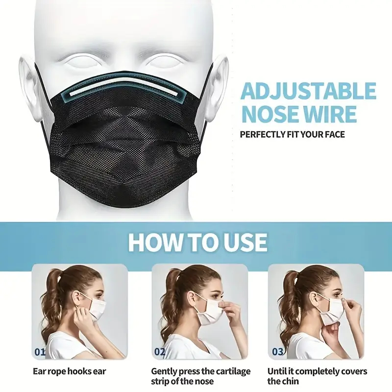 100 stuks zwarte wegwerp gezichtsmaskers 3-laags ademend anti-stof beschermende maskers voor dagelijks reizen werkgebruik gezichtsverzorging accessoire