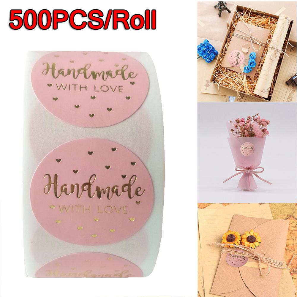 500 stk/rulle pink håndlavet med kærlighed klistermærker med guld folie pink klistermærker til firma giveaway & fødselsdagsfest favoriserer etiketter