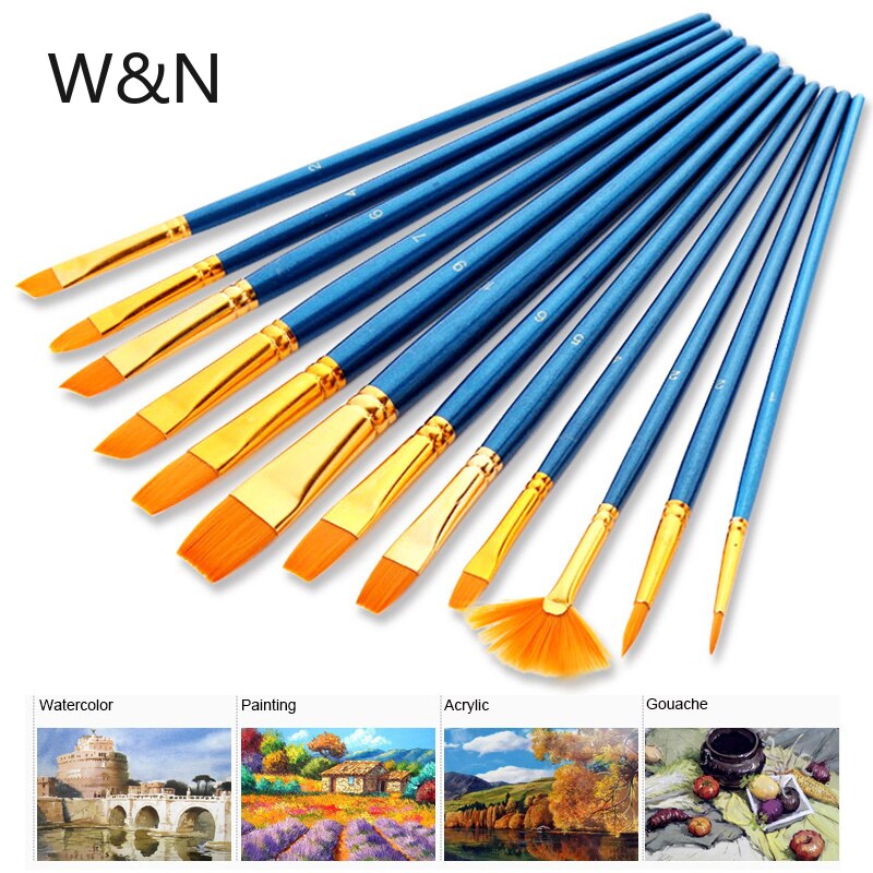 12PCS/lot Artistic Paint Brushes Set Watercolor Acrylic Oil Brush Nylon Long Drawing Pen School Student Stationery Art Supplies