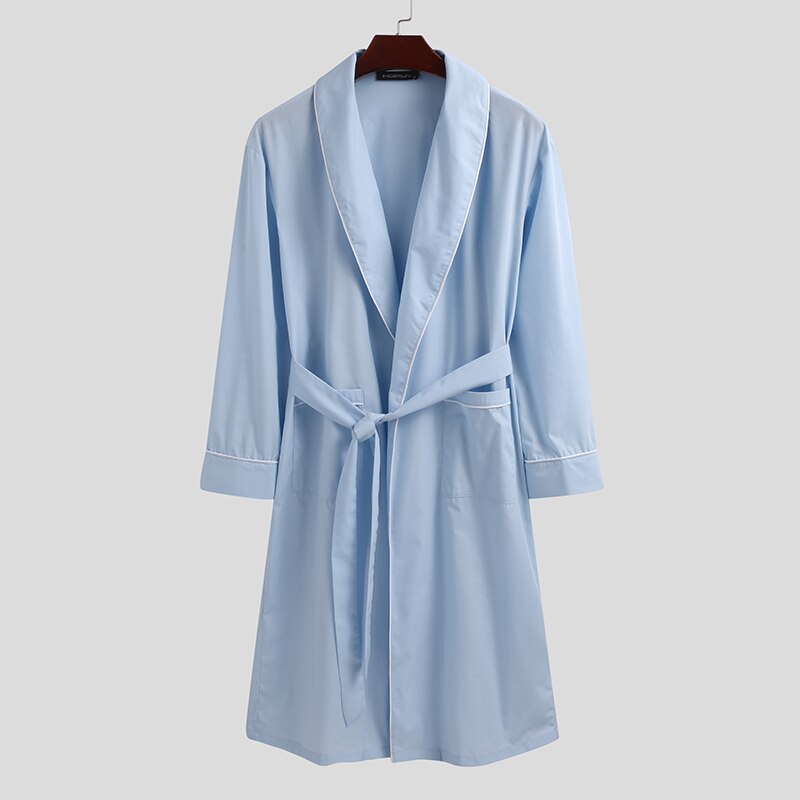 Menn sovekåpe ensfarget langermet koselige badekåper fritids hjemmeklær jakkeslag nattkjole menn kimono morgenkåpe incerun: Lyse blå / Xxxl
