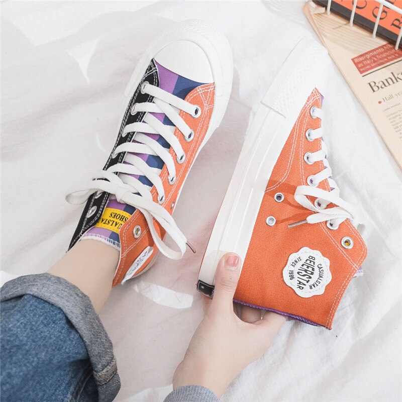 Dames canvas schoenen sneakers hoge veterschoenen dames casual schoenen skateboard schoenen dames: Zwart oranje / 5