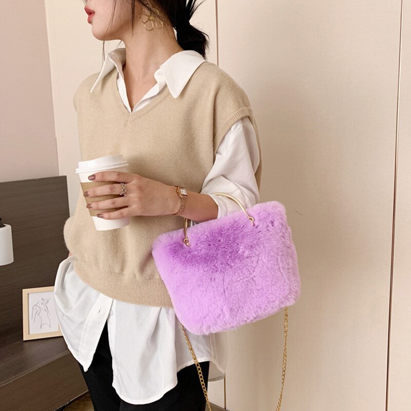 Meisje Mooie Zachte Pluche Schoudertas Faux Fur Winter Keten Crossbody Tas Draagbare Lady Casual Tote Party Handtas