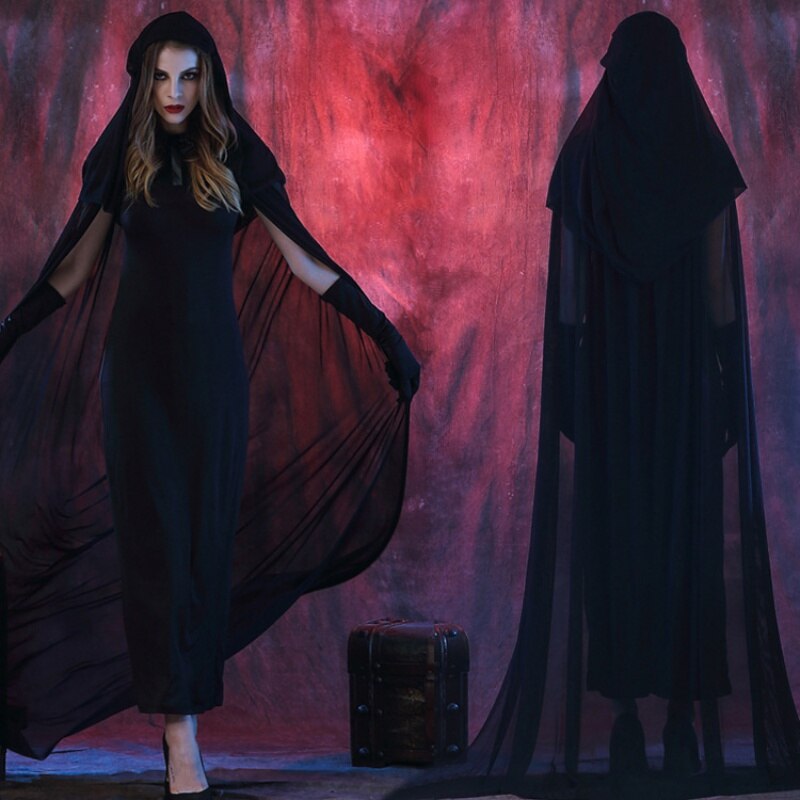 Vrouwelijke Halloween Heks Plus Size Lange Jurk Kostuum Herfst Winter Zwarte Jurken Met Hoed En Handschoenen 1 Set