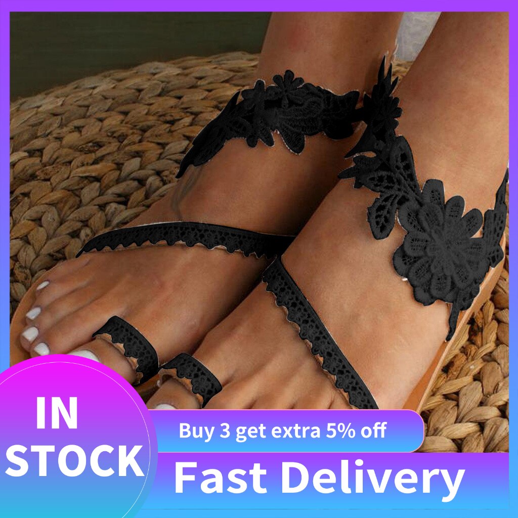 Sandales d'été pour femmes, chaussures plates, Style gladiateur bohème, romaines, à bretelles en dentelle, Style Floral, pour la plage, #40
