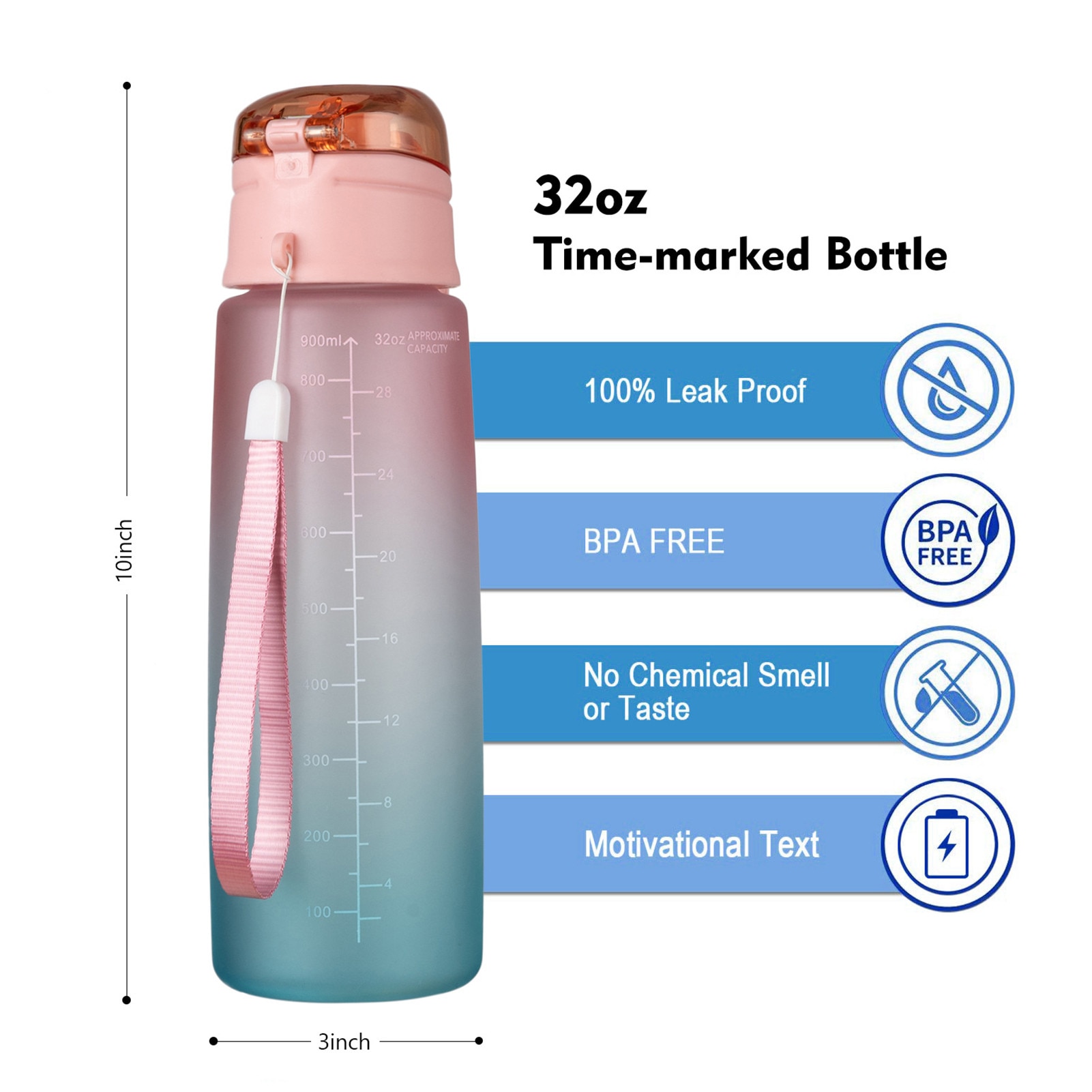 Botellas de agua con capacidad de 32Oz, con marcador de tiempo, a prueba de fugas, para deporte, gimnasio, Fitness, Tritan, coctelera para bebidas, libre de BPA