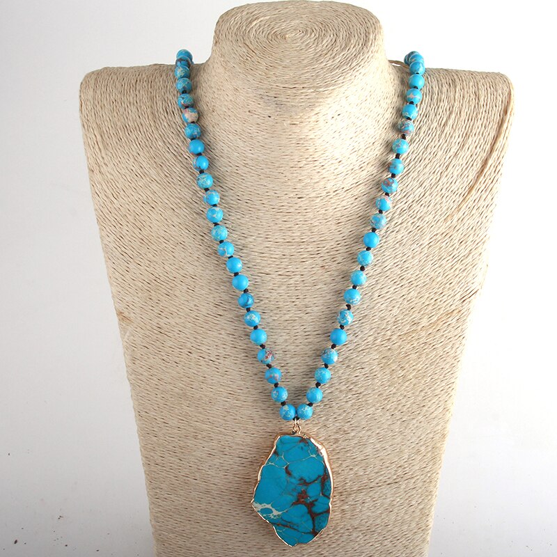 RH Boho Schmuck Blau Grün Stein Lange Verknotet Stein Anhänger Halsketten Frauen Halskette