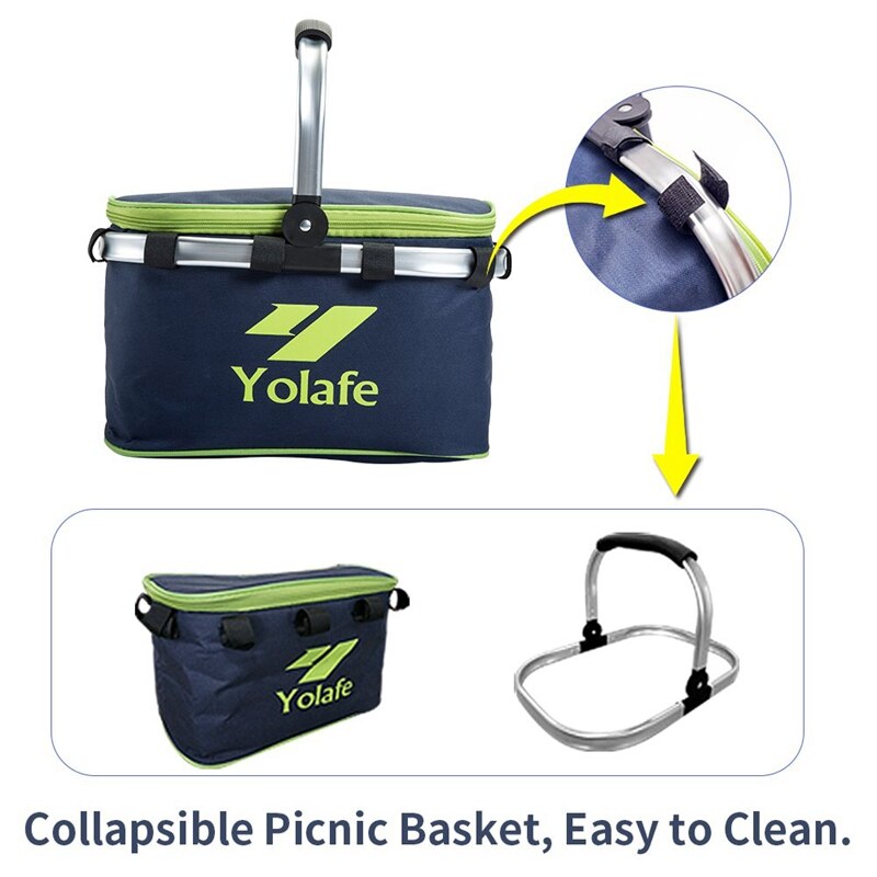 Yolafe isolado cesta de piquenique azul marinho dobrável piquenique tote impermeável almoço sacos 10l/80 libras portátil shoppin