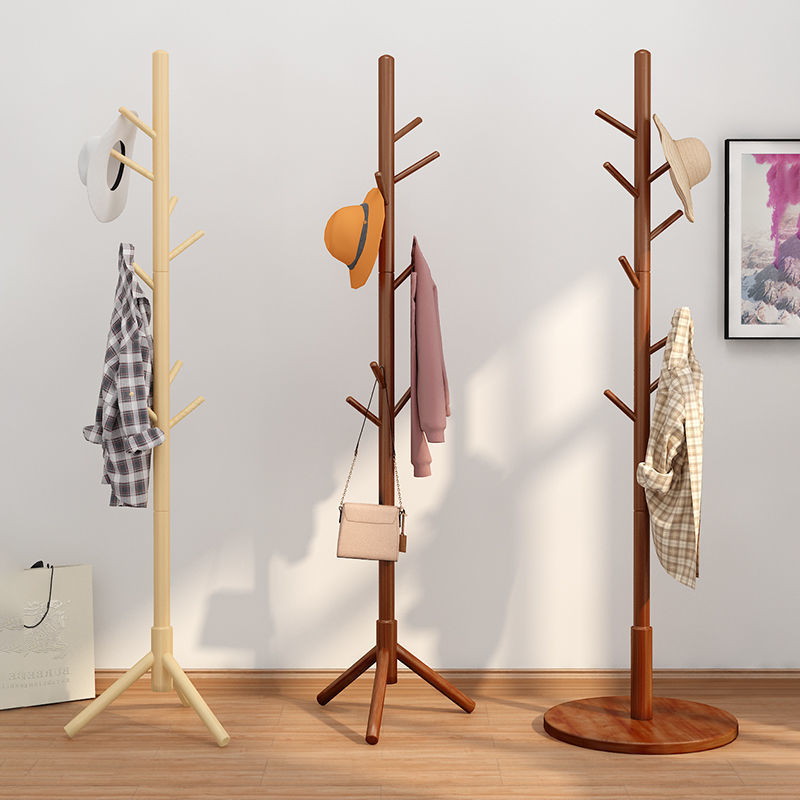 Solid wood coat rack, floor standing clothes hanger, household simple clothes drying and bag hanging rack