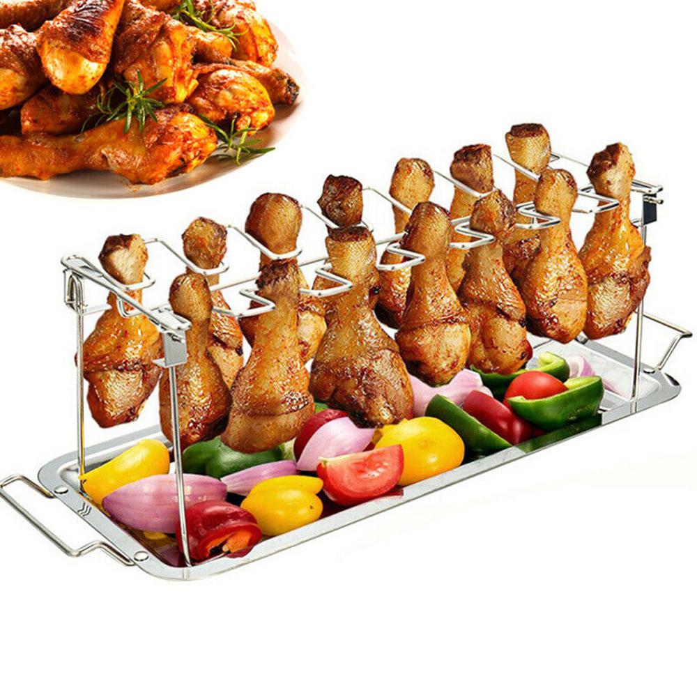 1PC de acero inoxidable ala de pollo pierna Rack soporte de parrilla con goteo Pan para la cocina de campo barbacoa delicioso pollo baquetas L * 5