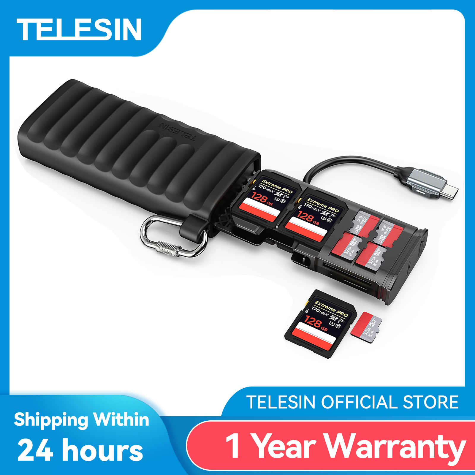 TELESIN Micro SD Card Reader Storage Box High Speed Data Transmission Type-C 2-in-1 SD/TF Card Reader for PC Camera