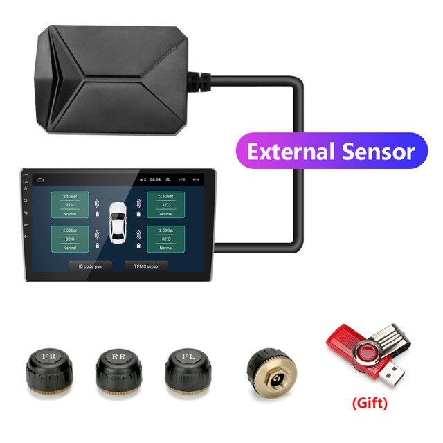 Usb tpms android dekktrykkovervåkingssystem 4 dekk eksterne / indre sensorer temperaturalarm for bilradio dvd bilspiller: Ekstern sensor