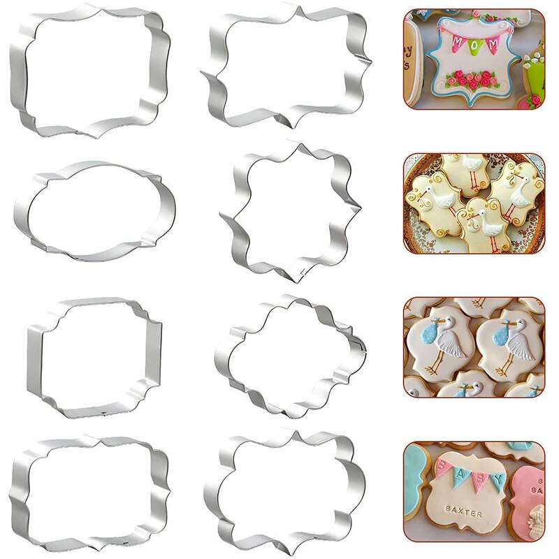 8 Style Plaque Cookie Cutter, Frame Shapes Sugar Cookie Cutters for Birthday Wedding Baby Shower, DIY Stainless Cookie Mold