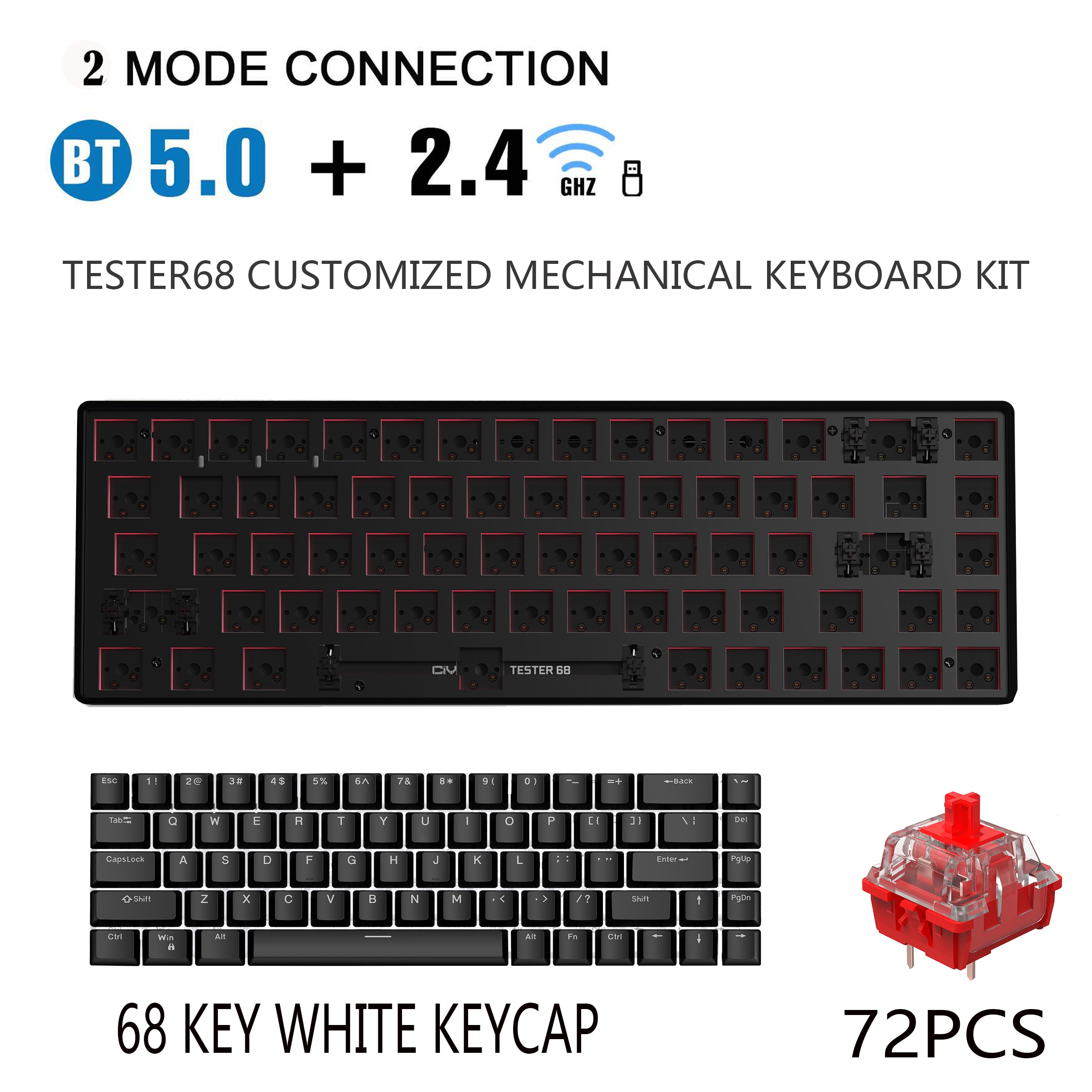 TESTER68 – Kit de clavier mécanique sans fil, Bluetooth 2.4G, 2 modes de jeu, 60%, pour interrupteur 3 broches/5 broches: bkack.switch.keycap