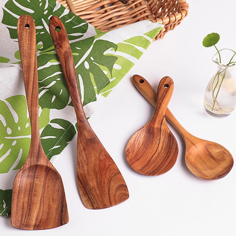 7 typer thai teak trä turner spatel ris sked stor soppa skopa för matlagning trä köksredskap leveranser