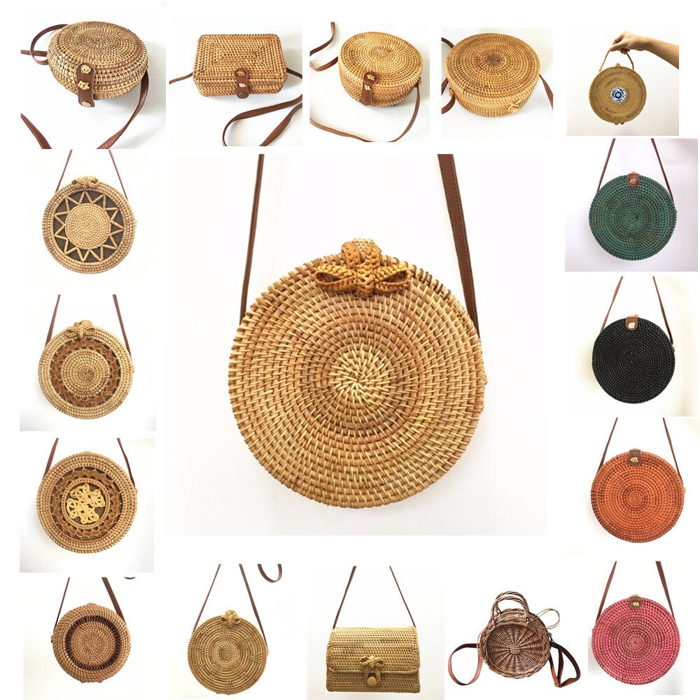 Round Straw Bags Women Summer Rattan Bag Handmade Woven Beach Crossbody Bag Circle Bohemia Handbag