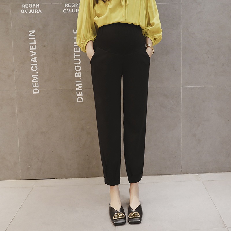 Pregnancy Abdominal harem Pants chiffon Maternity Clothes For Pregnant Women Boyfriend Pants High Waist Trousers Loose Jeans: black / L
