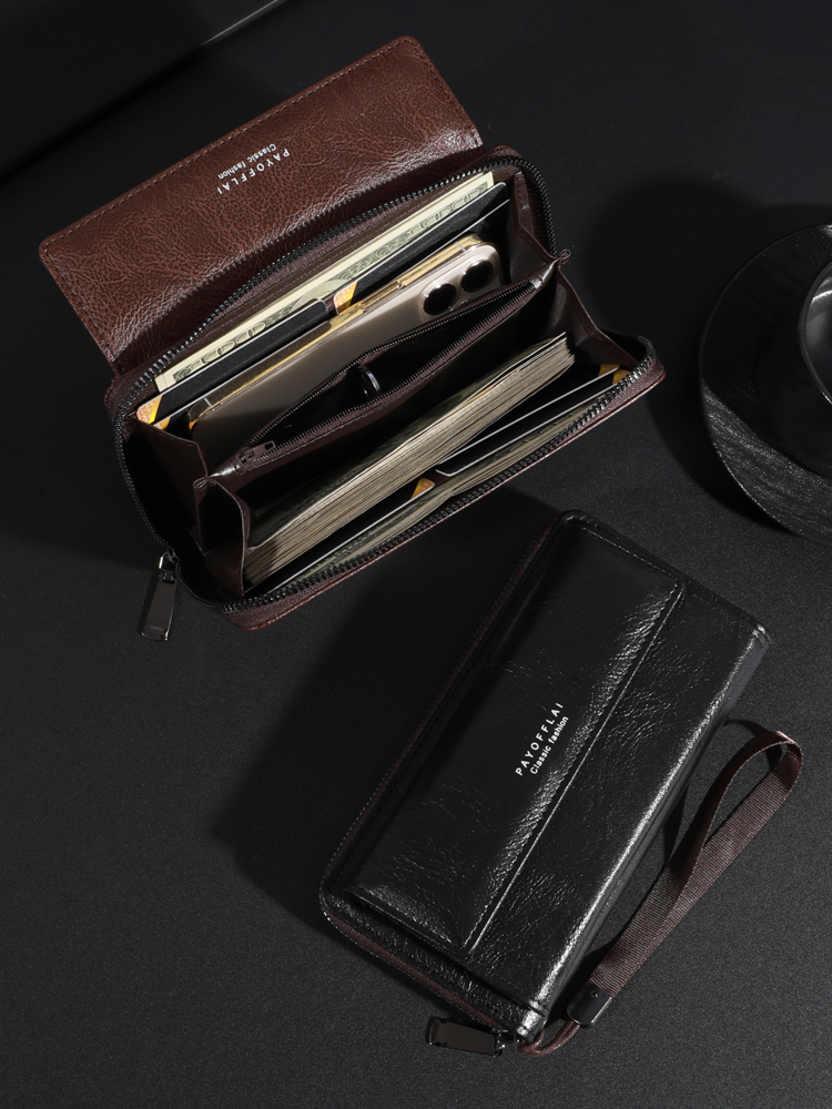 Men's PU Zipper Handbag Large Capacity Long Wallet Clutch Bag Phone Bag Multi Card Card Holder Coin Purse Wallet Double Layer