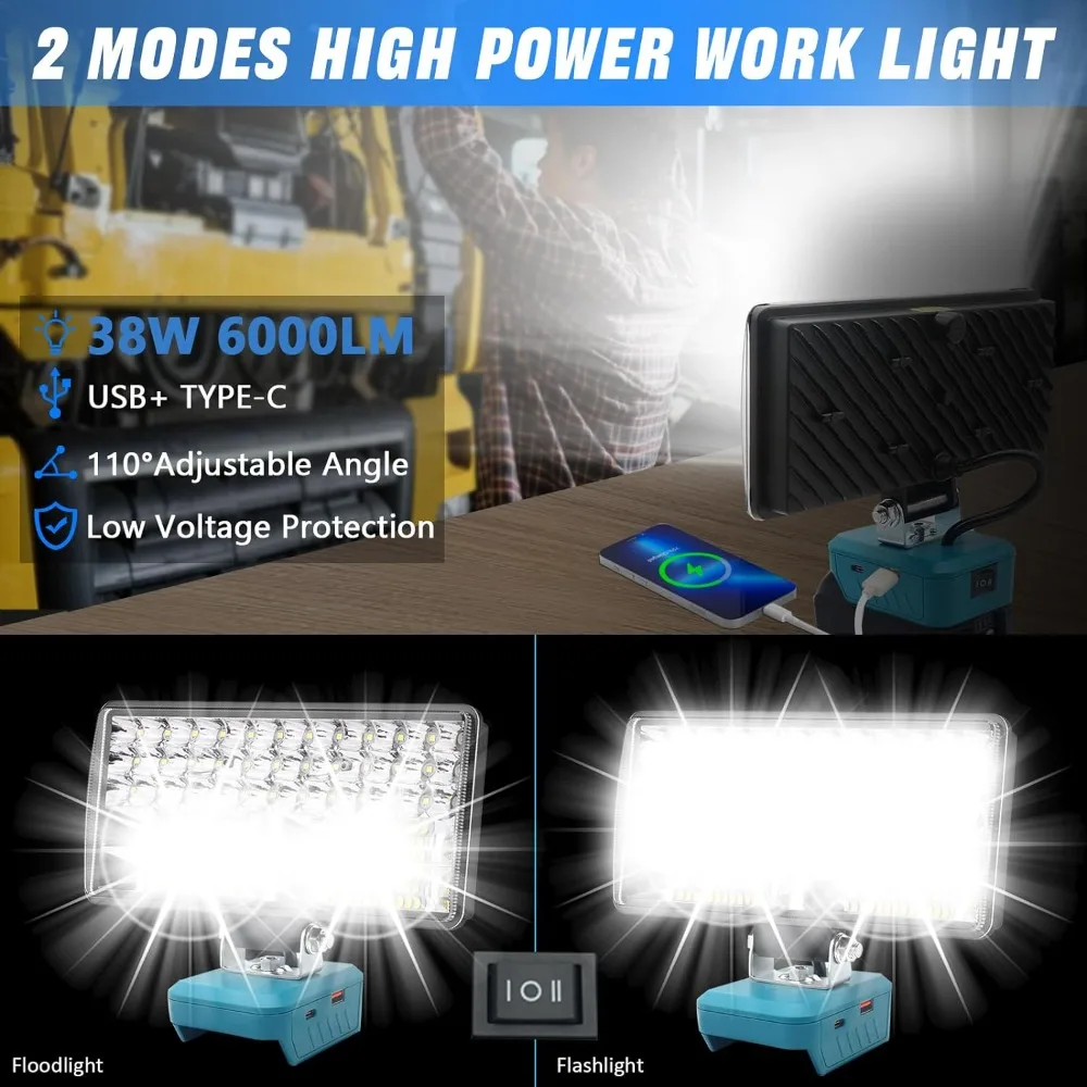 38w x 6000lm led arbejdslamper, lommelygte kompatibel med makita 18v batteri, ledningsfri arbejdslampe til camping, nødlys
