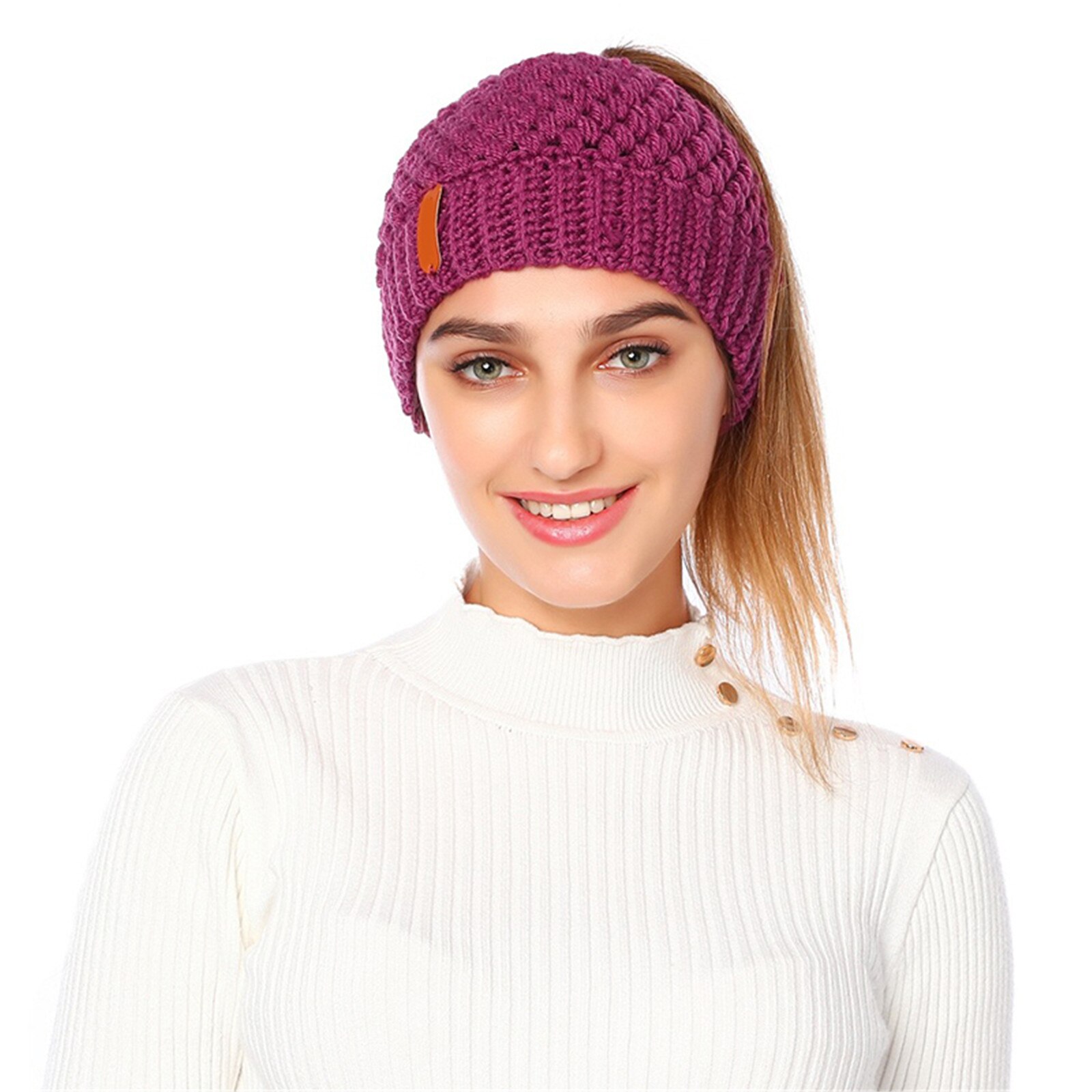 Knit Ponytail Beanie Knit Beanie Tail Hat Winter Hat for Women Adult Bundle Hair Tie AC889