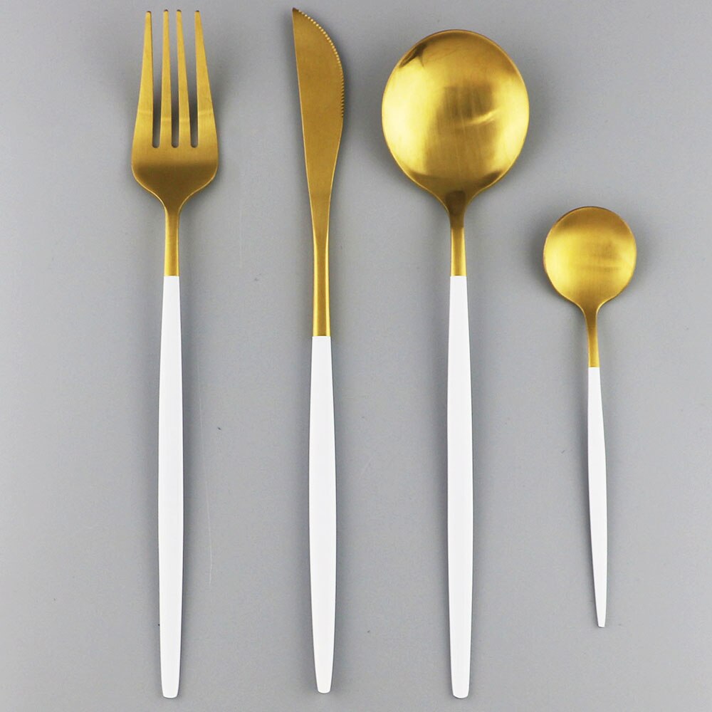 Western 4 pièces rose or mat ensemble de couverts 304 en acier inoxydable vaisselle couteau fourchette cuillère vaisselle cuisine dîner couverts ensemble: White Gold