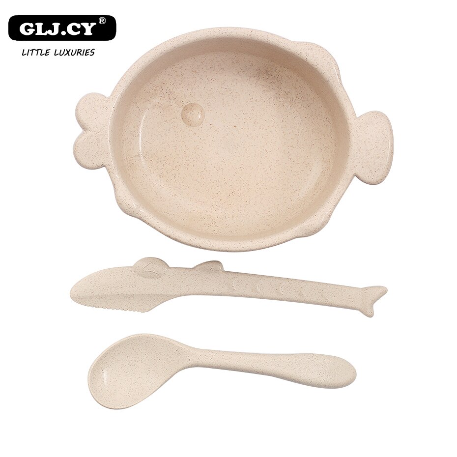 3 unids/set alimentación de bebé alimentos vajilla Boca de pescado de paja de trigo de la protección del medio ambiente de formación de los niños vajilla placa: Beige Set