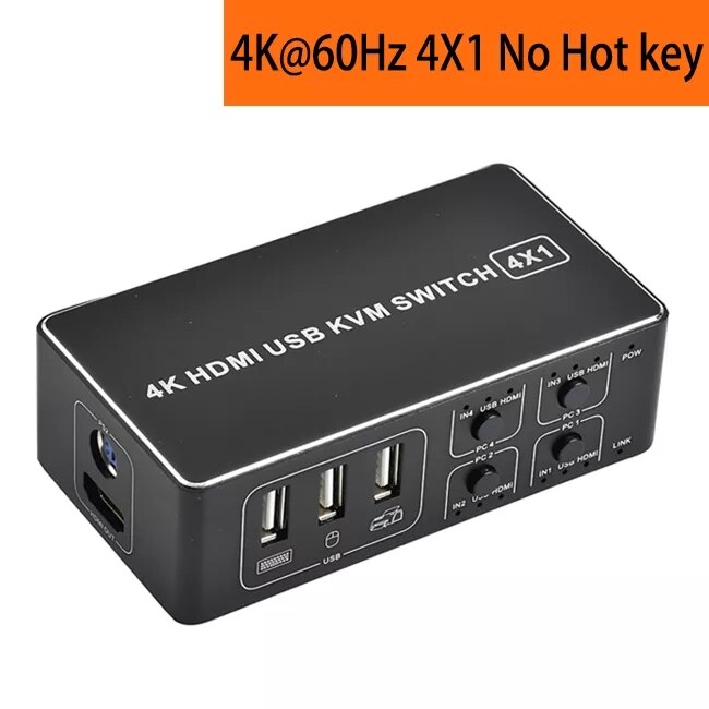 4K Hdmi-Compatibel Kvm Switch, 4 Poorten 4 In 1 Out Hdmi Kvm Switch Ondersteuning 4K @ 60Hz Voor Laptop Hdtv Monitor &amp; ubs Muis Toetsenbord: 4X1 No hot key