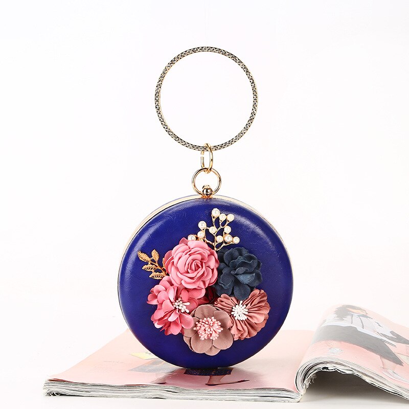 Roze Ronde Bloem Clutch Bag Womens Circulaire Ring Handtas Plastic Parel Strass Bruiloft Purse Pochette Femme: blue