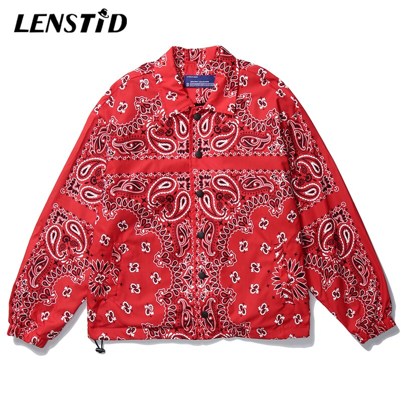 LENSTID Mens Wear Hip Hop Bandana Paisley Pattern Bomber Jackets Windbreaker Harajuku Streetwear Autumn Casual Coats Tops