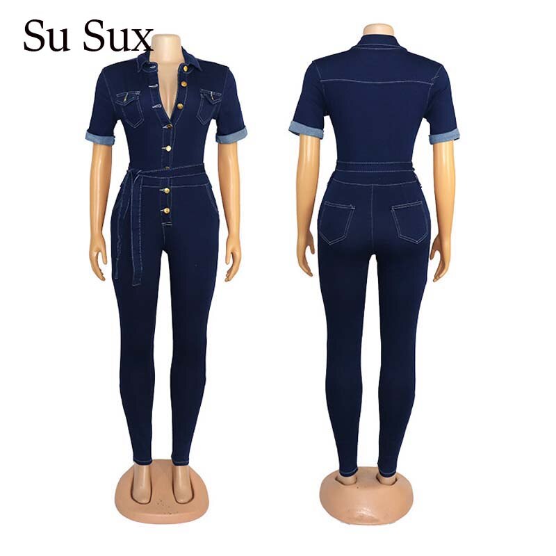 Macacão feminino casual 2020, jeans, manga curta, gola virada para baixo