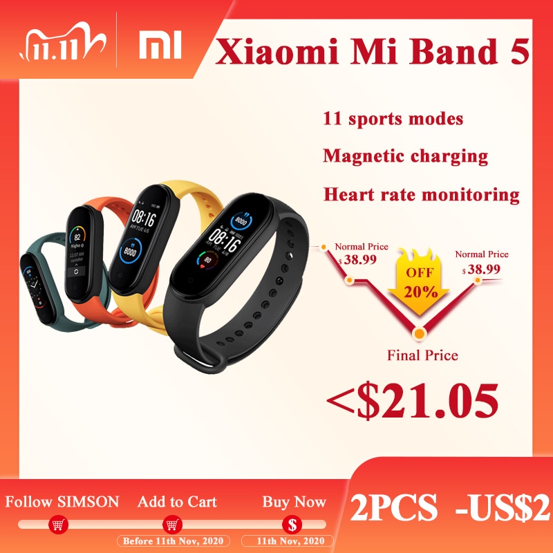 Xiaomi Mi Band 5 Smart Bracelet Sport cardiofrequenzimetro Fitness Tracker 1.1 "AMOLED schermo colorato Bluetooth 5.0 impermeabile Miband5